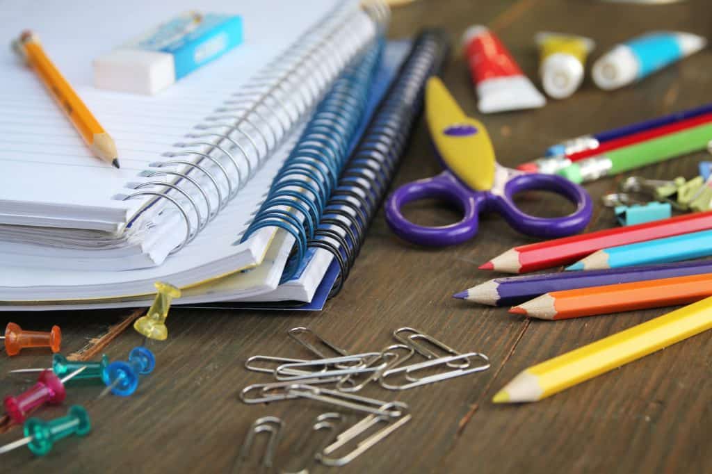 School supplies, notebooks, pencils, scissors 
